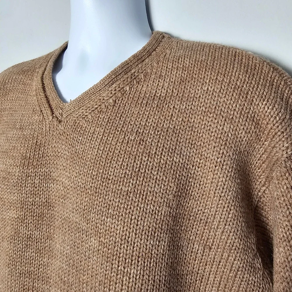 Vintage J.Crew Mens 100% Wool V-Neck Pullover Sweater XL Camel Tan Oarsman